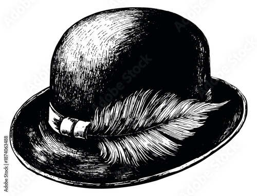 Hand drawn illustration of a bowler hat depicting a feather for classic style