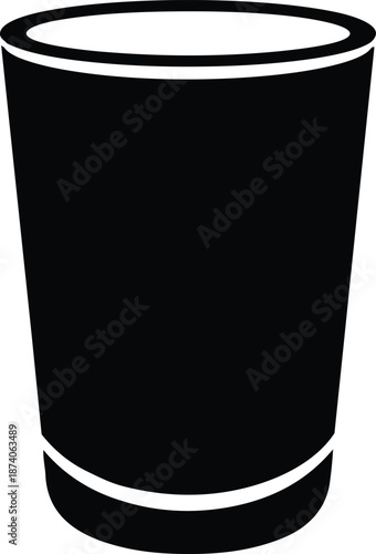 A black and white icon illustration featuring a simple drinking glass silhouette
