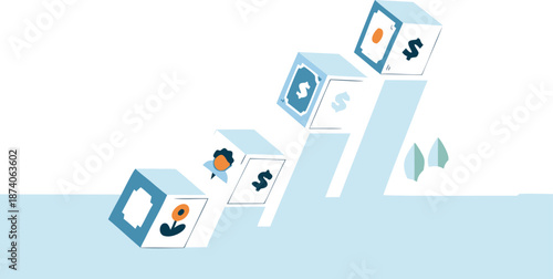 Flat design of investment planning using modular financial blocks with dollar signs and coins on a white background with blue