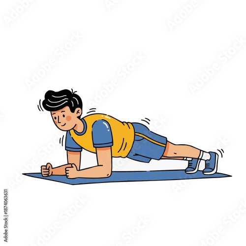 Young man doing planks with elbows on mat