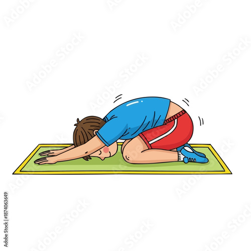 Young boy with brown hair calmly resting in child's pose on a yoga mat after a workout
