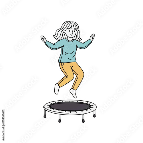Young girl jumping joyfully on a small trampoline in playful atmosphere  