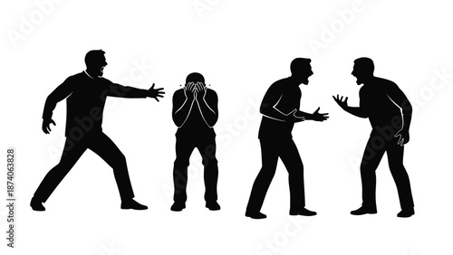 Four men in black silhouettes expressing different emotions and body language.