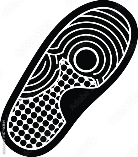 A black and white abstract icon of a shoe insole featuring geometric patterns
