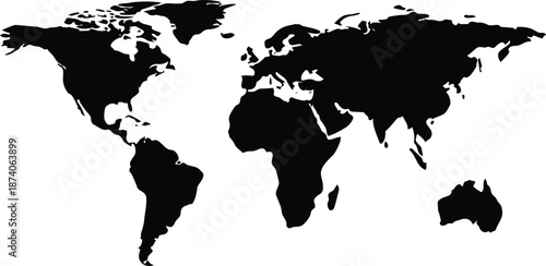 A clean and modern minimalist black silhouette of the world map continents against a white backdrop