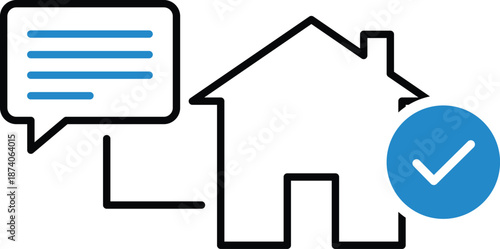 Blue checkmark on house next to speech bubble with blue lines house speech bubble black