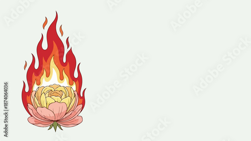 Lotus flower blossoms with fiery red and orange flames, symbolizing passion, spiritual energy, and inner power. This illustration conveys concepts of transformation and challenge.