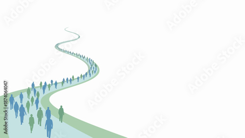 Stylized people walking path on winding road leading forward on white background. Group of diverse people walking path, representing journey, progress, or community.