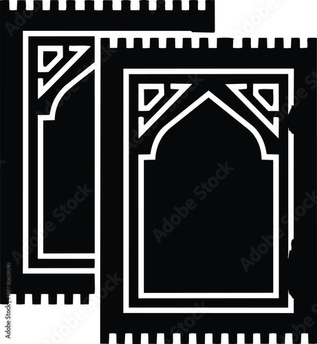 A black and white silhouette icon illustration of two overlapping islamic prayer rugs