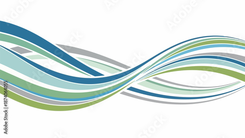Abstract lines flow across white background, displaying smooth curves in blue, green, gray. Dynamic abstract lines provide graphic resource for presentations, web design, project backdrops.