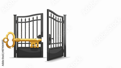 Golden key unlocks open gate, symbolizing key to success and new opportunity. Key to success graphic shows unlocked potential, freedom. Concept key to success for business, personal growth,