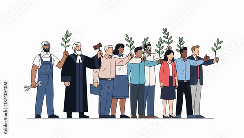Diverse group people representing various professions stand together, advocating human rights, holding green branches. Worker, judge, business professional united for justice and peace.