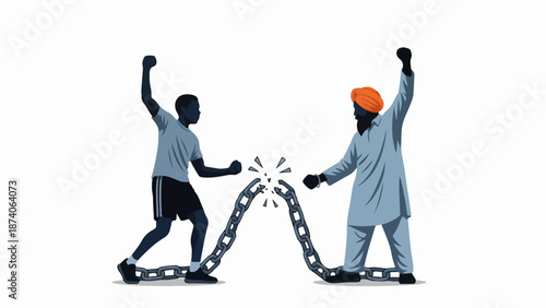 Diverse individuals breaking chains, one African American and one turbaned individual. Men show unity, symbolizing overcoming oppression and gaining freedom by breaking chains.