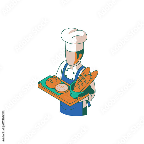 Baker holding a tray of fresh bread and pastries.