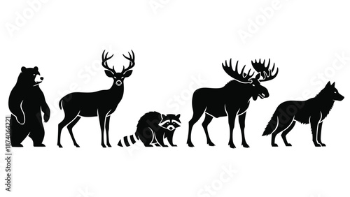 A group of animal silhouettes standing together in a line on a white background