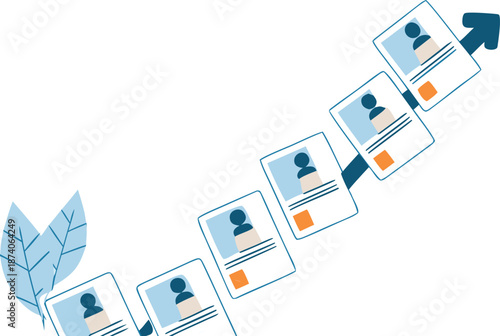 Flat illustration of career growth pathway built with ascending profile cards and leafy elements on white background