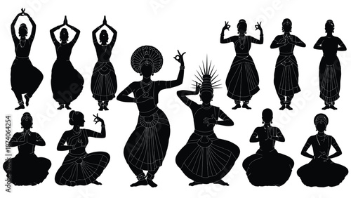A collection of Indian classical dance poses in black silhouette on white background