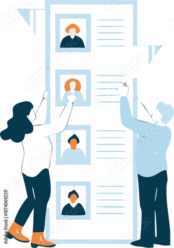 Flat illustration of hr specialists reviewing candidate resumes and profiles for recruitment process with human resources