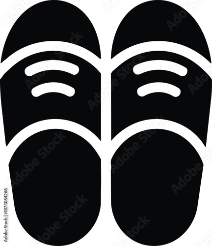 Minimalist black and white icon representing a pair of comfortable slip-on shoes or slippers viewed from above