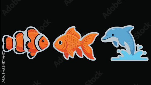 A colorful illustration of a clownfish, goldfish, and dolphin on a black background