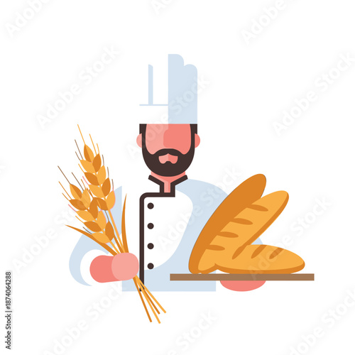 Baker holding fresh bread and wheat ears illustration.
