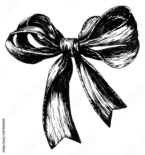 Hand drawn line art illustration of a bow depicting an elegant decorative knot for holiday greetings and festive occasions