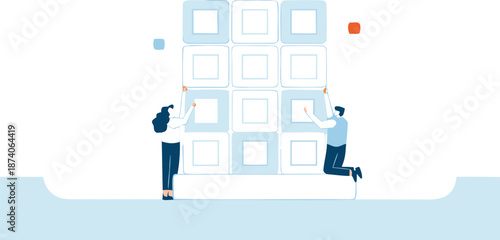 Flat vector illustration of a floating command center with two people interacting with a large wall of square panels