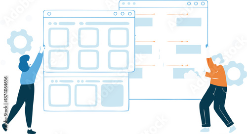 Flat vector illustration of two people working together on a large saas dashboard with browser windows and gears symbolizing