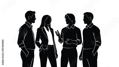 Four business professionals in a meeting with a white background