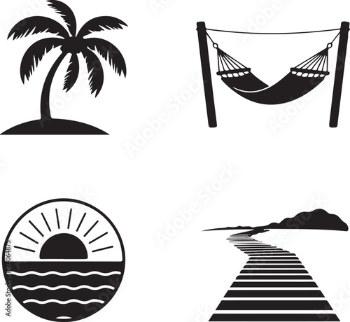 Four black and white tropical and beach including palm tree hammock and sunset