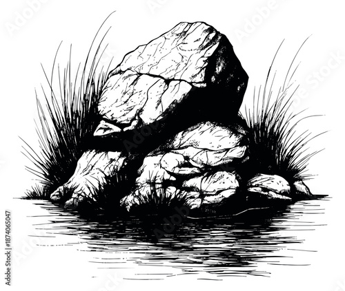 Hand drawn line art illustration of rocks and grass depicting a natural landscape by water with reflections for outdoor and environmental designs
