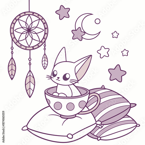 Cute Funny Sphynx cat, accessorized with in a teacup, in a Fantasy dream world – Dreamland palette vector