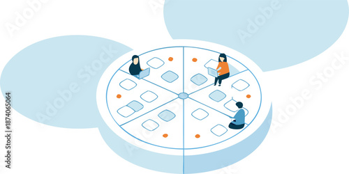 Isometric illustration of a circular decision making process with three people working on laptops in a collaborative teamwork