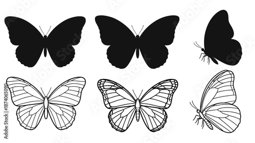 A collection of black and white butterfly illustrations on a clean background