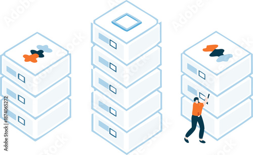 Isometric illustration of a person managing inventory through organized stackable boxes with labeled drawers for efficient