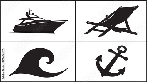 Four black of a yacht, sailboat, wave, and anchor white
