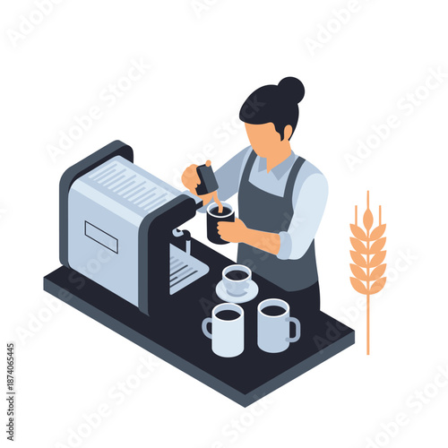 Barista preparing coffee with espresso machine and cups.