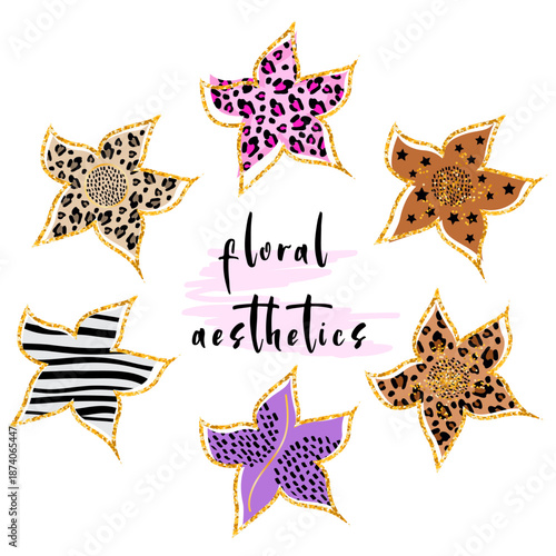  Illustration of various beautiful flowers on a white background.