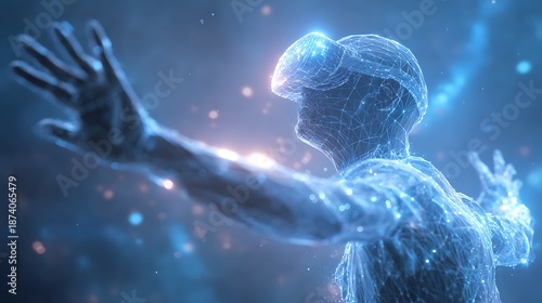 A glowing, ethereal person, wearing VR headset, arms outstretched in digitally generated scene