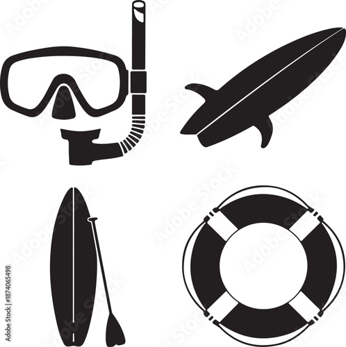 Black and white of snorkeling mask, rocket, surfboard, and life preserver