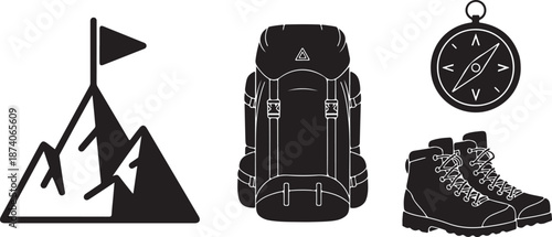 Black and white of hiking gear and compass backpack boots
