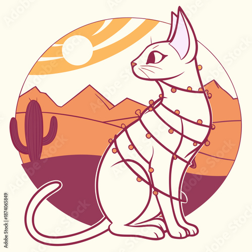 Sundown Glow colored Sphynx cat with a Dreamy touch, placed in a Desert sunset theme and styled with wrapped in fairy lights