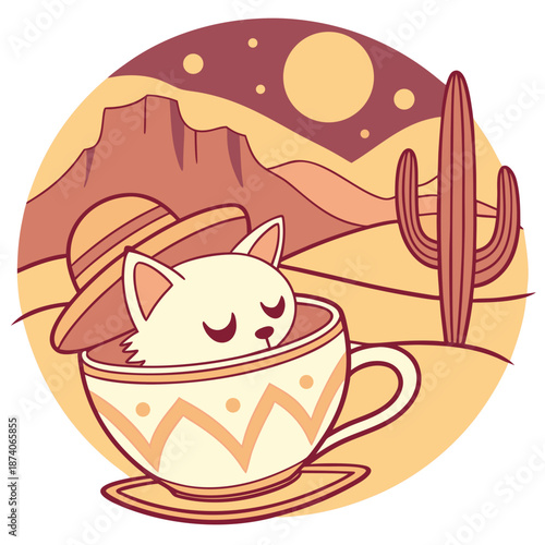 Whimsical Sphynx cat feeling Sleepy in a Desert sunset setting with in a teacup – colored in Sundown Glow