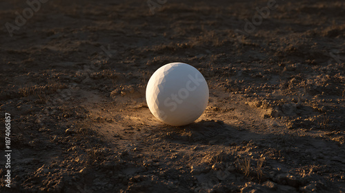 Abstract white faceted low poly sphere resting on dry cracked earth ground at sunset. 3D rendering of mysterious geometric object in barren desert landscape with dramatic lighting.