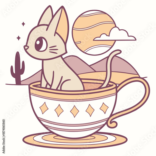 Whimsical Sphynx cat feeling Amused in a Desert sunset setting with in a teacup – colored in Sundown Glow