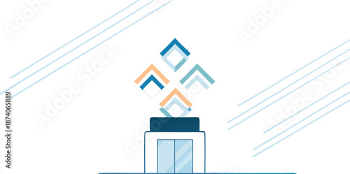 A futuristic illustration of an intelligent machine with arrows rising from its top in shades of blue and orange on a white