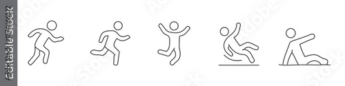 Running, jumping, run and falling icon set – editable outline symbols of movement, action, slip, accident and sports injury