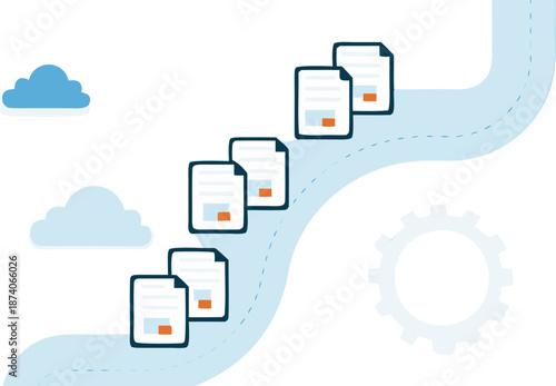 A stylized illustration of digital documents transforming and flowing through a winding path with clouds and a gear symbol