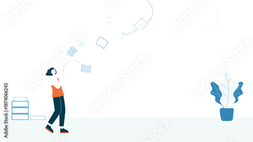 Minimal line vector scene of a manager connecting with colleagues and organizing tasks in a modern office environment