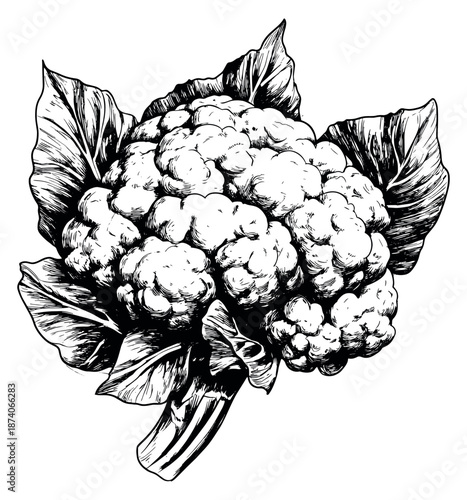Hand drawn line art illustration of cauliflower depicting a natural organic vegetable for healthy eating and cooking designs